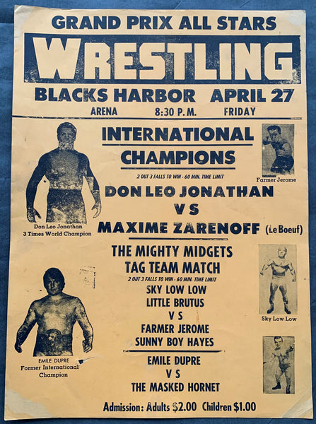 JONATHAN, DON LEO-MAXIME ZARENOFF & SKY LOW LOW & LITTLE BRUTUS-FARMER JEROME & SUNNY BOY HAYES ON SITE WRESTLING POSTER (1973)