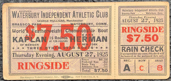 KAPLAN, LOUIS "KID"-BABE HERMAN FULL ON SITE TICKET (1925)