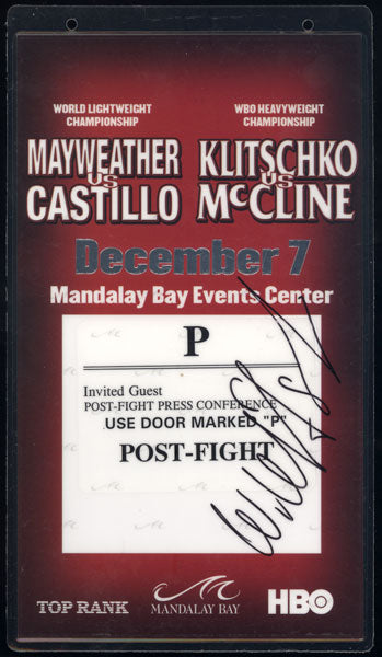 MAYWEATHER, JR., FLOYD-JOSE CASTILLO II & WLADIMIR KLITSCHKO-JAMEEL MCCLINE POST FIGHT CREDENTIAL (2002-SIGNED BY KLITSCHKO)