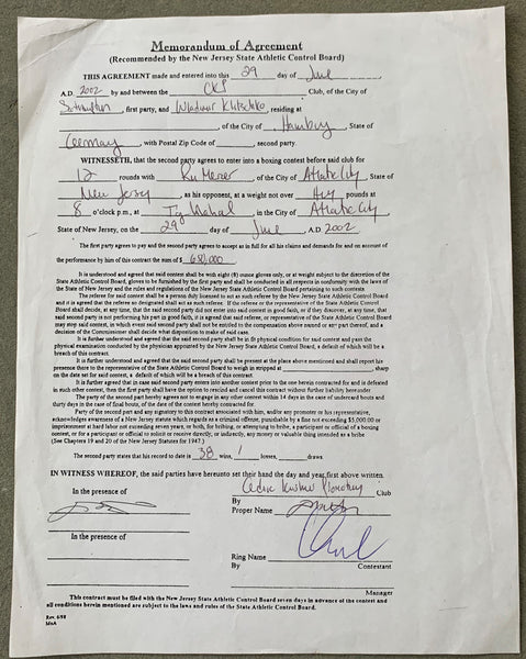 KLITSCHKO, WLADIMIR SIGNED FIGHT CONTRACT (2002-RAY MERCER FIGHT)