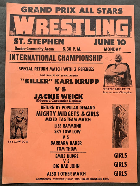 KRUPP, KILLER KARL-JACKIE WEICK & SKY LOW LOW & LISE RAYMOND-BARBARA BAKER-TOM THOM ON SITE WRESTLING POSTER (1974)