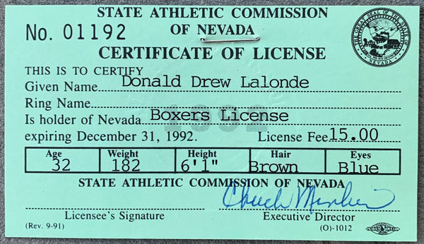 LALONDE, DONNY ORIGINAL BOXING LICENSE (1992) – JO Sports Inc.