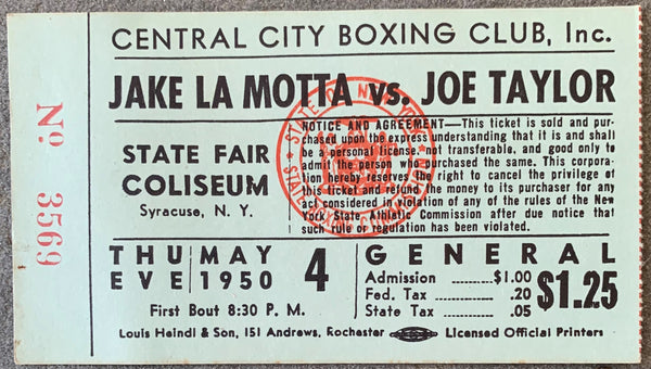 LAMOTTA, JAKE-JOE TAYLOR ON SITE STUBLESS TICKET (1950)