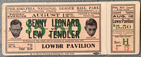 LEONARD, BENNY-LEW TENDLER ORIGINAL FULL TICKET (1921)