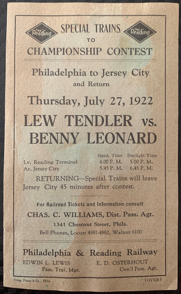 LEONARD, BENNY-LEW TENDLER TRAIN SCHEDULE CARD (1922)