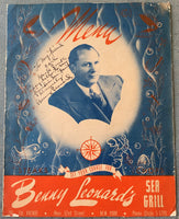 LEONARD, BENNY SIGNED RESTAURANT MENU (CIRCA 1930'S)