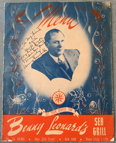 LEONARD, BENNY SIGNED RESTAURANT MENU (CIRCA 1930'S)