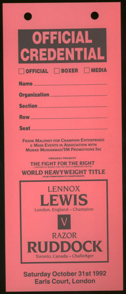 LEWIS, LENNOX-RAZOR RUDDOCK OFFICIAL CREDENTIAL (1992) – JO Sports Inc.