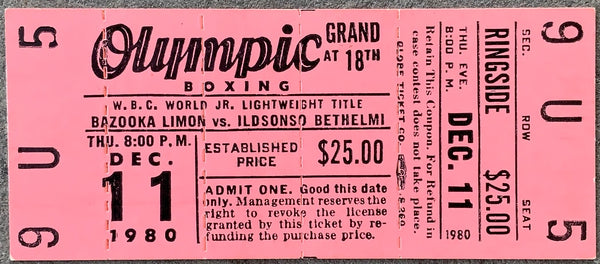 LIMON, RAFAEL "BAZOOKA"-IDELFONSO BETHELMY ON SITE FULL TICKET (1980-LIMON WINS TITLE)