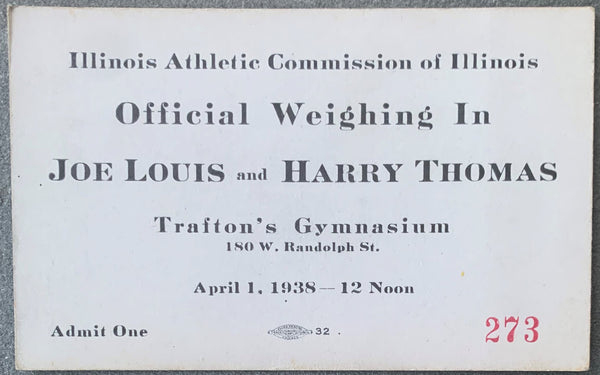 LOUIS, JOE-HARRY THOMAS WEIGH IN TICKET (1938)