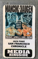 MANCINI, RAY "BOOM BOOM"-GREG HAUGEN MEDIA RINGSIDE CREDENTIAL (1992)