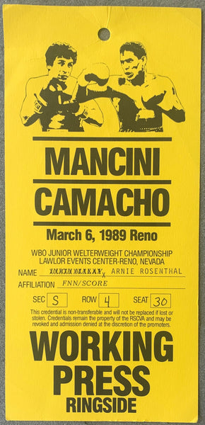 MANCINI, RAY "BOOM BOOM"-HECTOR "MACHO" CAMACHO WORKING PRESS CREDENTIAL (1989)