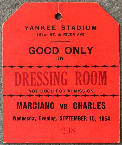 MARCIANO, ROCKY-EZZARD CHARLES II DRESSING ROOM PASS (1954)