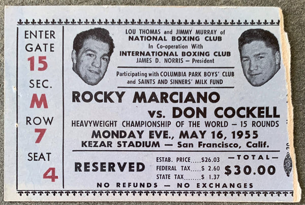 MARCIANO, ROCKY-DON COCKELL ON SITE STUBLESS TICKET (1955)