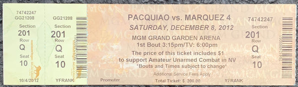 PACQUIAO, MANNY-JUAN MANUEL MARQUEZ IV ON SITE FULL TICKET (2012)