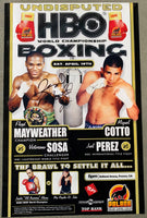 MAYWEATHER, JR., FLOYD-VICTORIANO SOSA & MIGUEL COTTO-JOEL PEREZ SIGNED ON SITE POSTER (2003-SIGNED BY MAYWEATHER, JR. & COTTO)