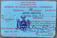 MERCANTE, ARTHUR REFEREE LICENSE (USED FOR ALI_FRAZIER I-1971)