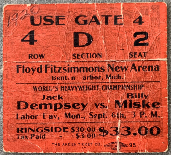 DEMPSEY, JACK-BILLY MISKE ON SITE TICKET STUB (1920)