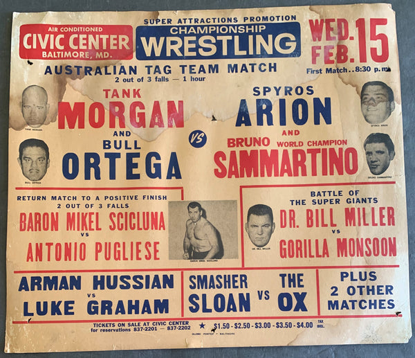 SAMMARTINO, BRUNO & SPIROS ARION VS. TANK MORGAN & BULL ORTEGA ON SITE POSTER (1967)