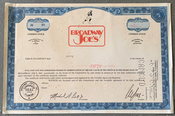 NAMATH, JOE BROADWAY JOE'S STOCK CERTIFICATE (1969)