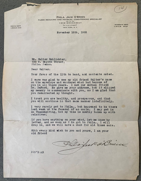 O'BRIEN, PHILADELPHIA JACK SIGNED LETTER (1928)