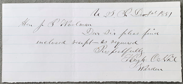 O'NEIL, HUGH HAND WRITTEN & SIGNED NOTE (1881-BARE KNUCKLE FIGHTER)