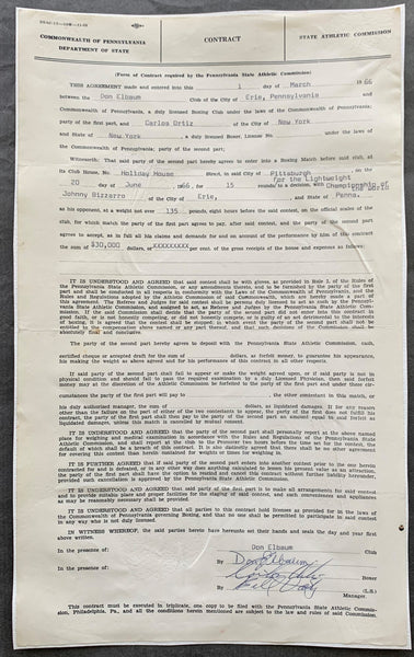 ORTIZ, CARLOS SIGNED FIGHT CONTRACT (1966-SIGNED BY ORTIZ MANAGER & DON ELBAUM)