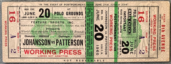 PATTERSON, FLOYD-INGEMAR JOHANSSON II FULL TICKET (1960-PATTERSON REGAINS HEAVYWEIGHT TITLE)