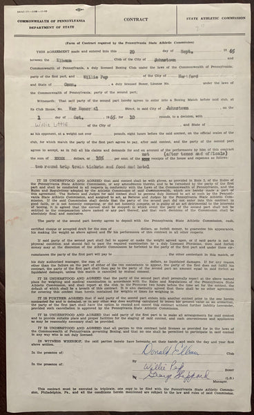 PEP, WILLIE SIGNED FIGHT CONTRACT (1965-WILLIE LITTLE FIGHT)