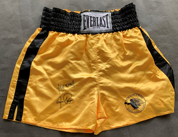 ARGUELLO, ALEXIS & AARON PRYOR SIGNED BOXING TRUNKS (BOXING HOF AUTHENTICATED)
