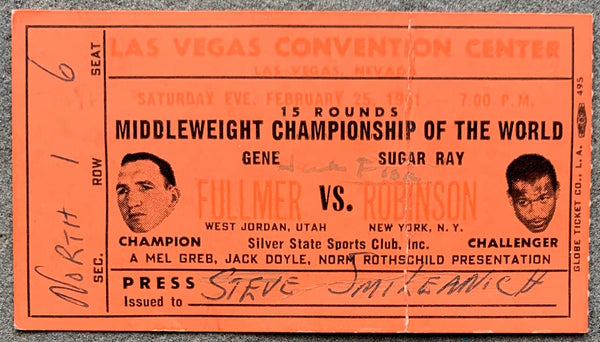 ROBINSON, SUGAR RAY-GENE FULLMER IV ON SITE STUBLESS TICKET (1961)