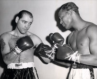 ROBINSON, SUGAR RAY-CARL "BOBO" OLSON WIRE PHOTO (1955-SQUARING OFF)