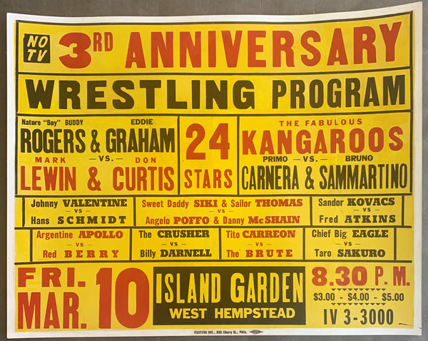 ROGERS, BUDDY & EDDIE GRAHAM VS MARK LEWIN & DON CURTIS PLUS THE FABULOUS KANGAROOS, PRIMO CARNERA, JOHNNY VALENTINE & ARGENTINE APOLLO ON SITE WRESTLING POSTER (1961)