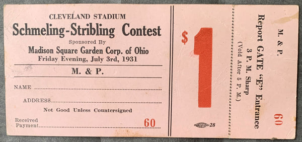 SCHMELING, MAX-YOUNG STRIBLING CONTEST FULL TICKET (1931)
