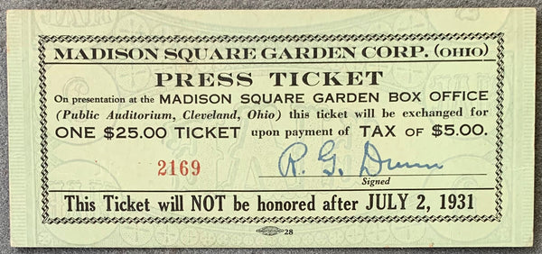 SCHMELING, MAX-YOUNG STRIBLING PRESS EXCHANGE TICKET (1931)