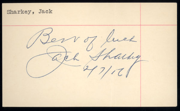 SHARKEY, JACK SIGNED INDEX CARD