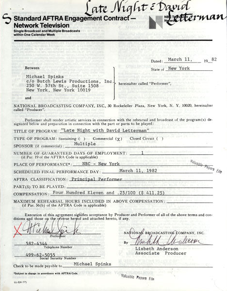 SPINKS, MICHAEL SIGNED CONTRACT FOR DAVID LETTERMAN SHOW (1982)