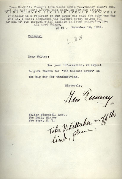 TUNNEY, GENE SIGNED LETTER TO WALTER WINCHELL (1931)