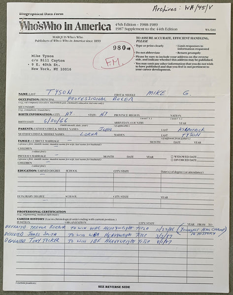 TYSON, MIKE WHO'S WHO IN AMERICA SIGNED APPLICATION (1987-SIGNED BY TYSON AS WORLD HEAVYWEIGHT CHAMPION)