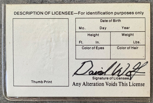 WOLF, DAVE SIGNED BOXING LICENSE (1986-MANAGER OF RAY